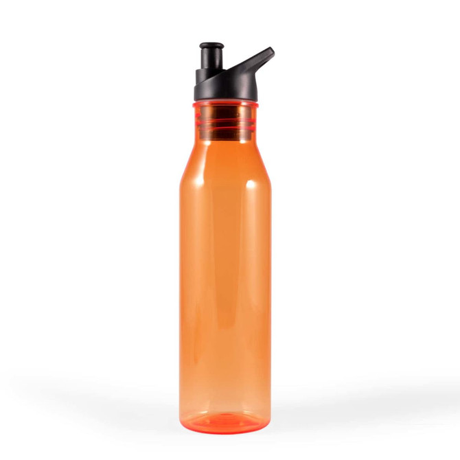 A drink bottle in orange with a black lid and spout, featuring a visible logo.