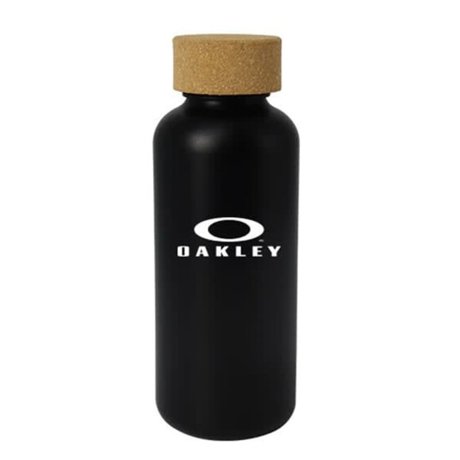 A drink bottle in black with a cork lid and a logo on the front, designed for holding 650ml of liquid.