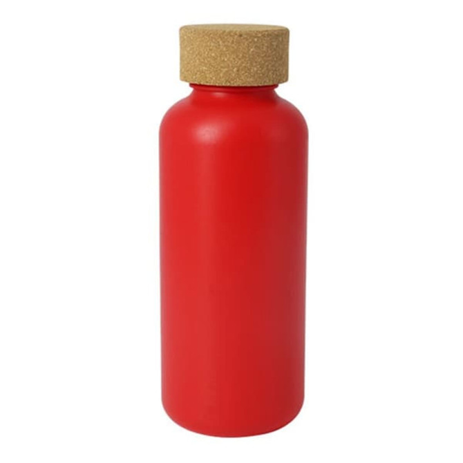 A drink bottle in vibrant red with a cork lid and a simple design. It features a logo.