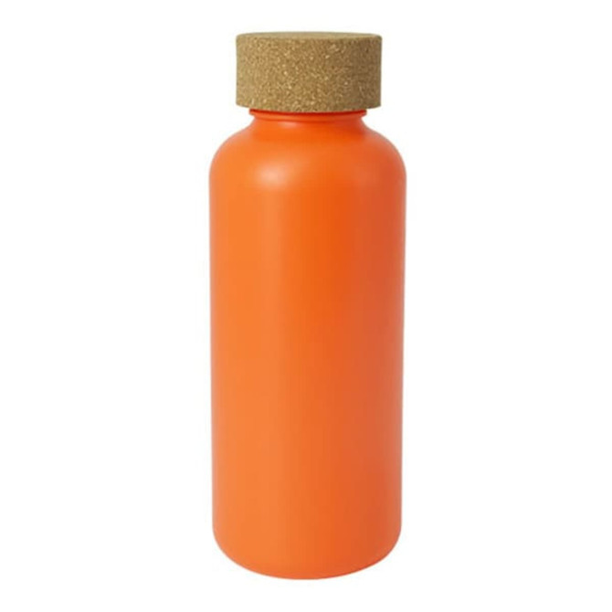 A drink bottle in vibrant orange with a cork lid, featuring a smooth, matte finish.