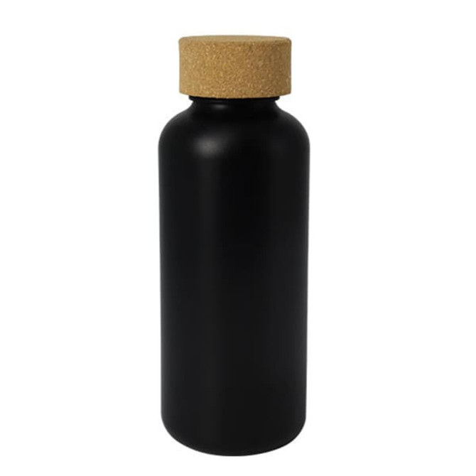 A drink bottle in matte black with a cork lid, featuring a logo on the side.