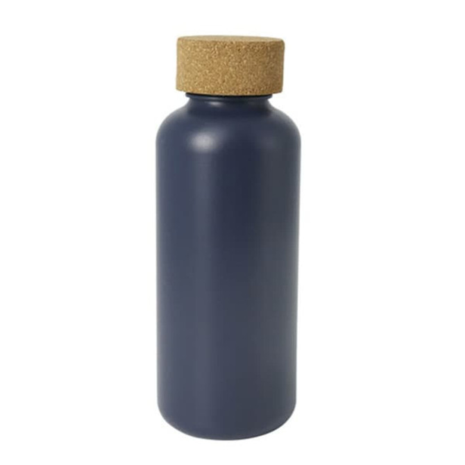 A drink bottle in dark blue with a cork lid, featuring a simple design and a logo.
