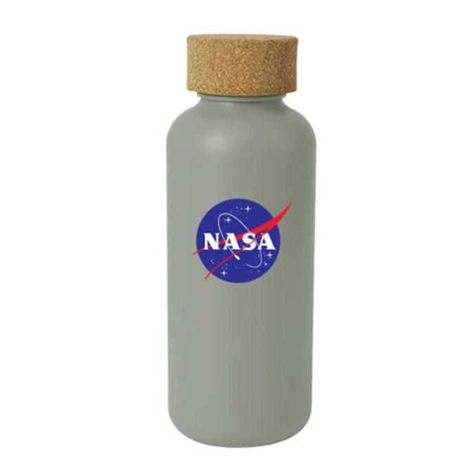 A drink bottle in grey with a cork lid and a circular logo on the front.