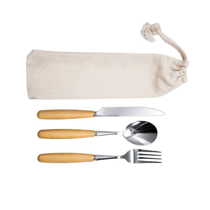A cutlery set featuring a knife, spoon, and fork with wooden handles, stored in a natural fabric pouch.
