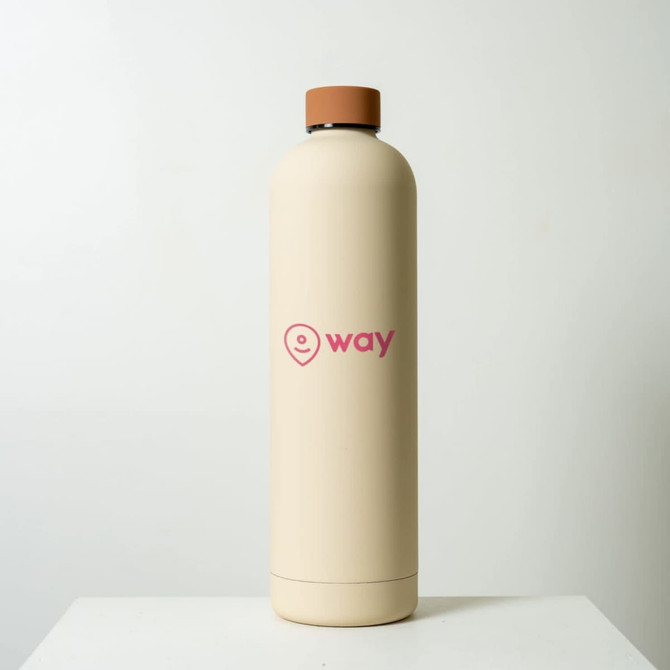 A drink bottle with a beige finish and a brown cap, featuring a logo on its surface.