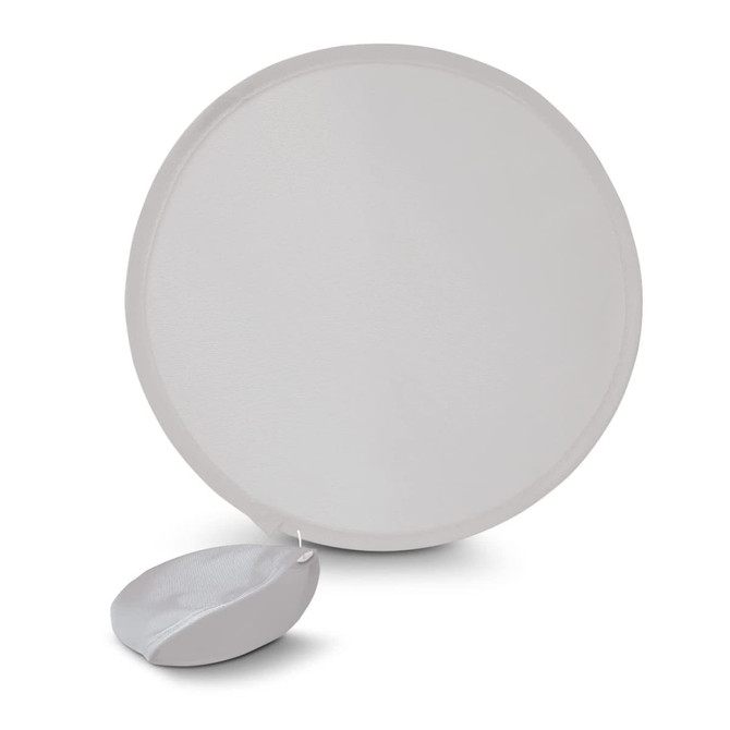 A round white fan with a matching pouch attached. The fan is open and displayed flat.