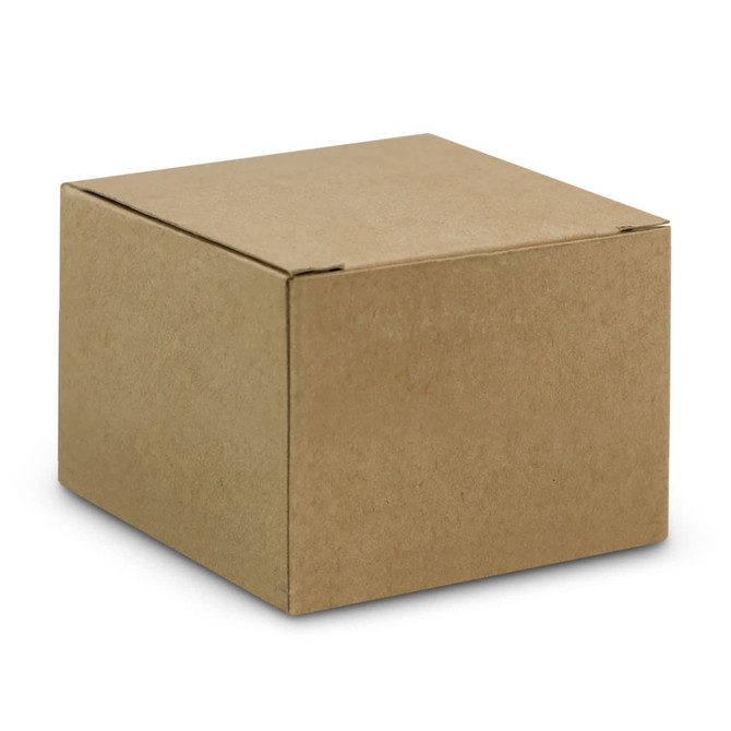A brown cardboard box with a square shape, featuring a simple, unadorned design.