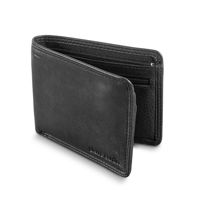 A black leather wallet featuring a zipper and a branding logo, with an open design and multiple compartments.