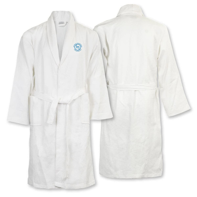A white waffle bathrobe featuring a logo, with front and back views displayed.