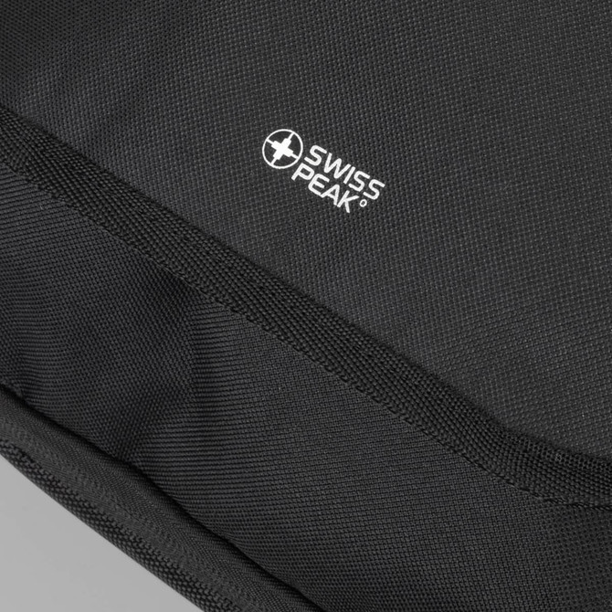 A black travel backpack with a textured surface and a brand logo.