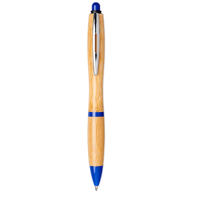 A bamboo ballpoint pen featuring a blue accent and chrome details, with a sleek design and a logo.