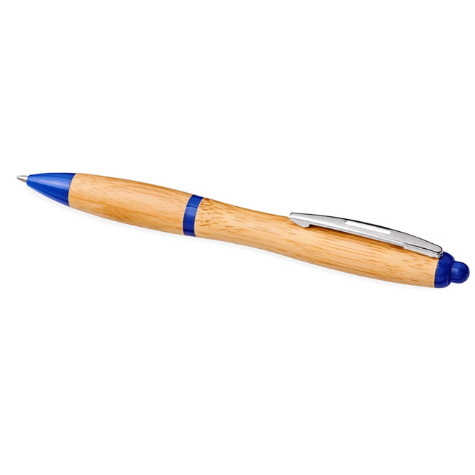 A bamboo ballpoint pen with blue accents and a silver clip, featuring a sleek design.