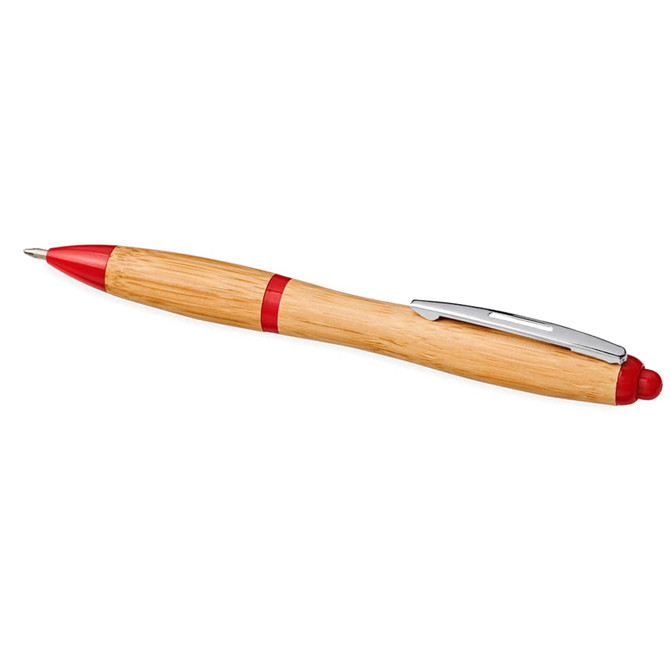 A bamboo ballpoint pen with red accents and a silver clip, featuring a sleek, natural design.