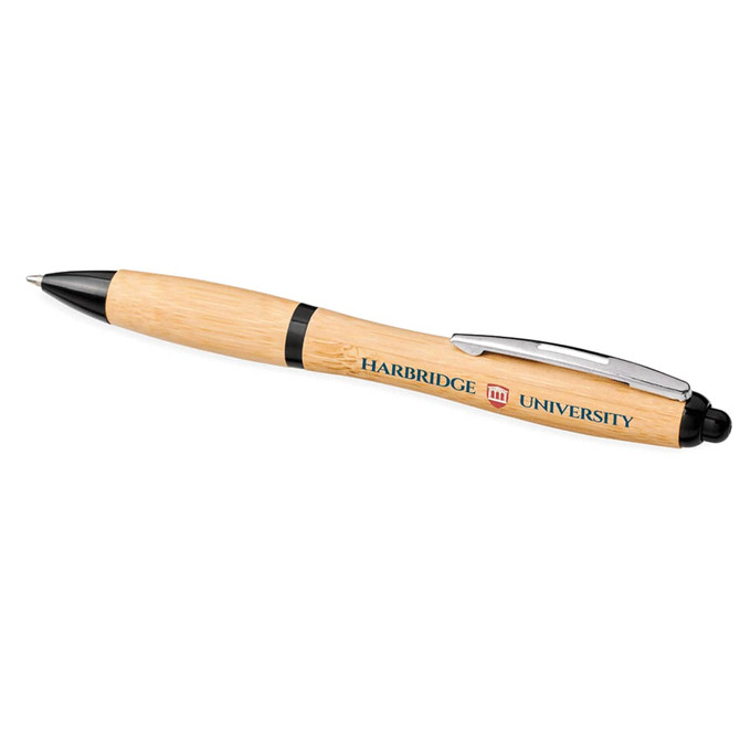 A bamboo ballpoint pen with a silver clip and black accents, featuring a logo.
