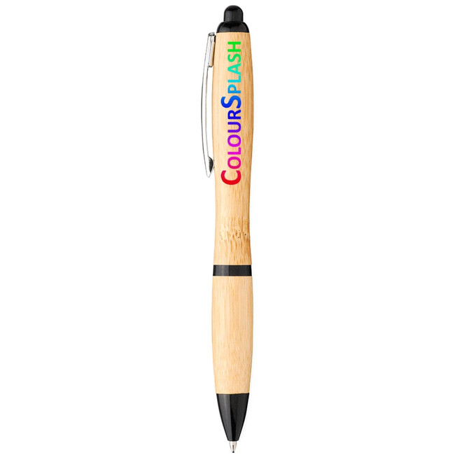 A bamboo ballpoint pen featuring a silver clip and black accents, with a multicoloured logo.