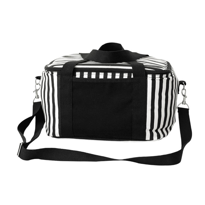 A striped cotton canvas cooler bag in black and white with a detachable shoulder strap. It features a front pocket and branding.
