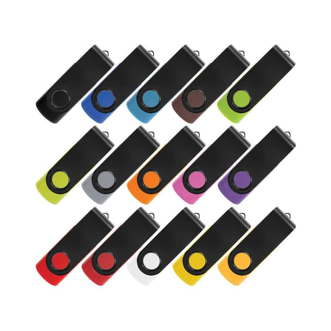A collection of black flash drives in various vibrant colours, each featuring a circular button and a logo.