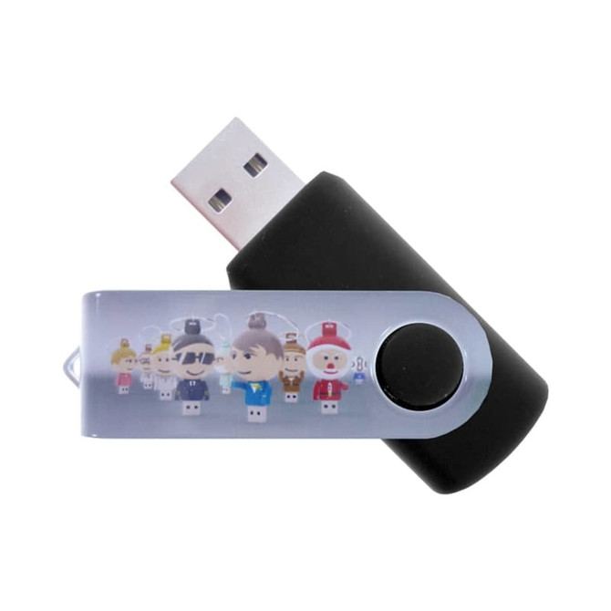 A black USB flash drive with a removable silver cap featuring cartoon character designs on the side and a branding logo.