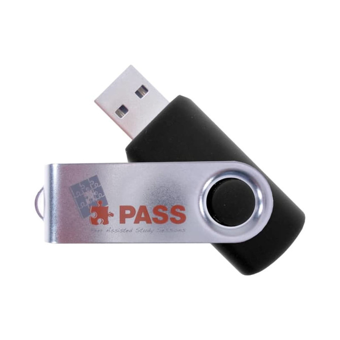 A black and silver USB flash drive with a swivel cover and a logo on the side.