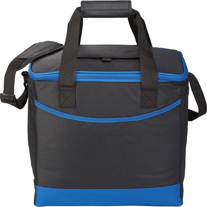 A cooler bag in black with blue accents, featuring a top handle and an adjustable shoulder strap.
