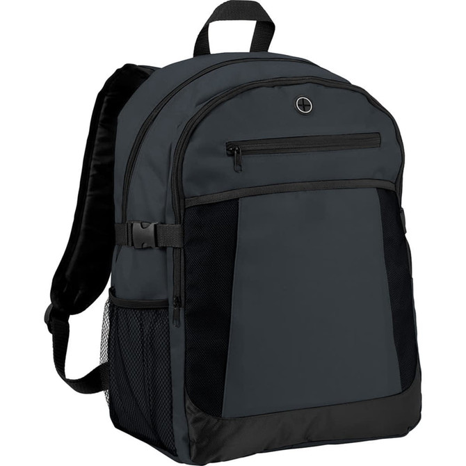 A dark grey expandable backpack with multiple compartments and a side mesh pocket, featuring a logo.