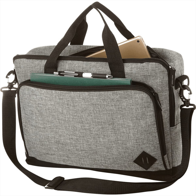 A grey laptop briefcase with a shoulder strap and multiple pockets, including a pen holder on the front.