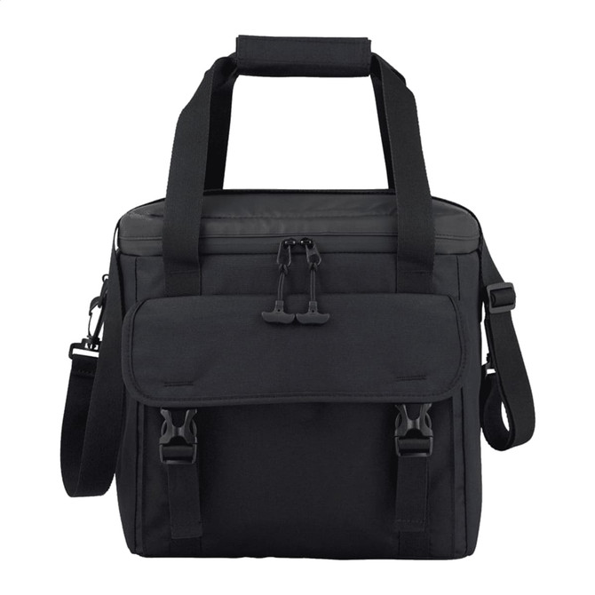 A black cooler bag with a front flap, adjustable shoulder strap, and dual handles for easy carrying.