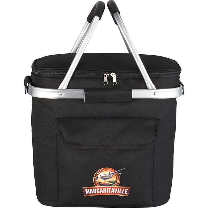 A black cooler bag with a zippered top, metal handles, and a front pocket. It features a logo on the front.