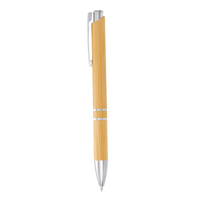 A bamboo ballpoint pen with silver accents and a sleek design. The pen features a logo on its barrel.