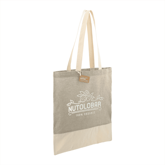 A recycled cotton twill tote bag in beige, featuring a logo. The bag has long handles for easy carrying.