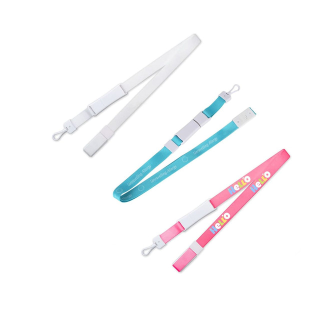Three lanyards in white, teal, and pink colours, featuring clips and branded designs.