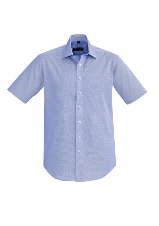 A light blue short sleeve button-up shirt with a collar and a logo on the chest.