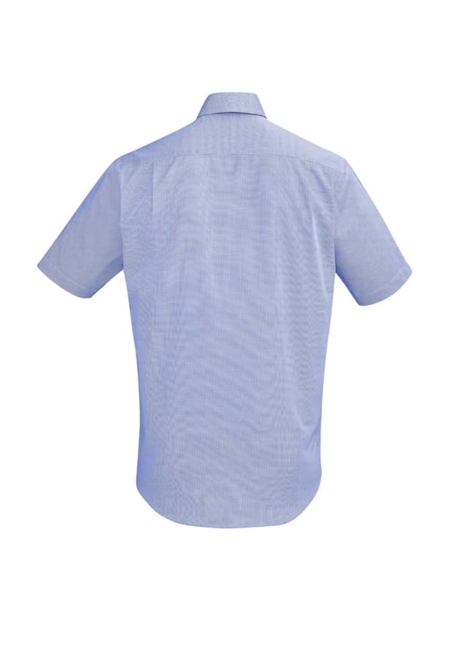 A light blue short sleeve button-up shirt featuring a back yoke and a logo.