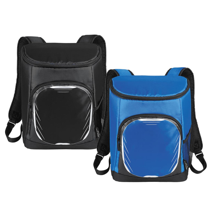 A cooler backpack in black and blue, featuring padded straps and a front pocket with a logo.