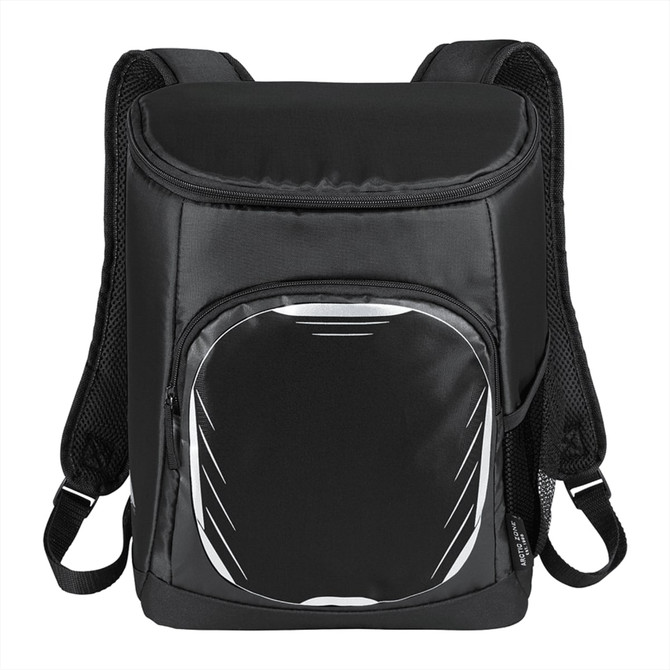 A black cooler backpack with adjustable straps, featuring a front pocket and a logo. Holds 18 cans.