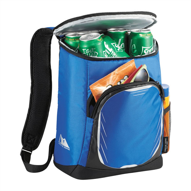 A blue cooler backpack with a zipped top, containing cans and snacks, featuring a front pocket and a logo.