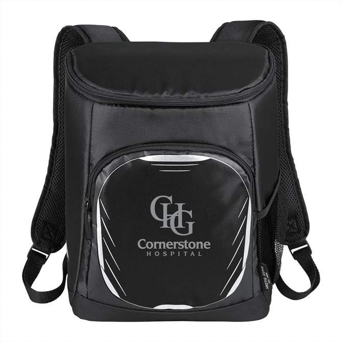 A black cooler backpack with a front pocket and adjustable straps, featuring a logo on the front.