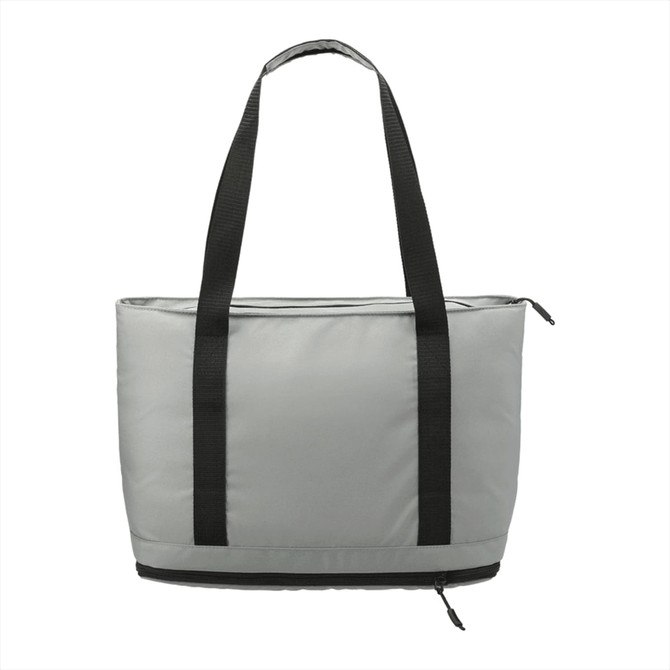 A grey cooler bag with black straps, featuring a zipper along the bottom. It has a logo on the front.