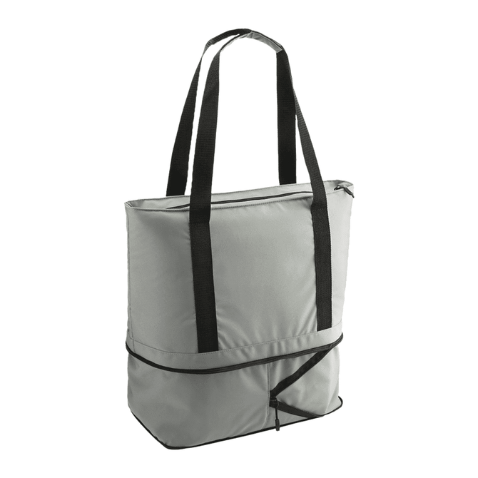 A grey cooler bag with black straps and a zip closure, designed for transporting drinks.