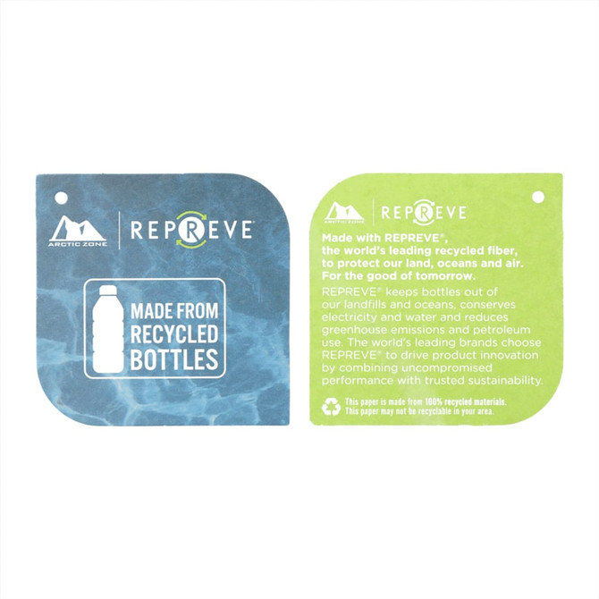 A blue and green product tag featuring information about the Arctic Zone Repreve cooler, with a logo and text on recycled materials.