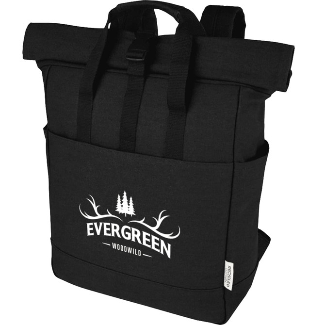 A black recycled canvas backpack tote featuring a front pocket and a logo. Its design includes adjustable straps.