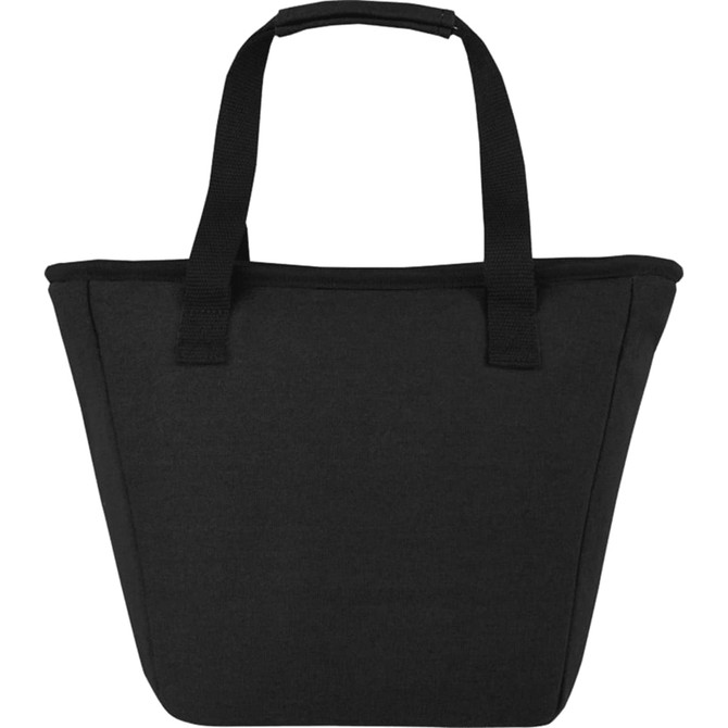 A black recycled canvas cooler tote with a spacious design and sturdy handles, featuring a branding logo.