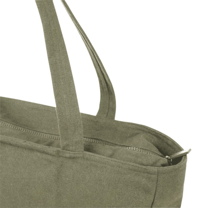 A green recycled zip tote bag featuring long handles and a zip closure. It has a logo on the side.