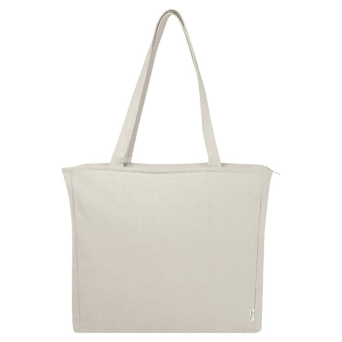 A light grey tote bag with two handles and a zipper, featuring a logo on the side.
