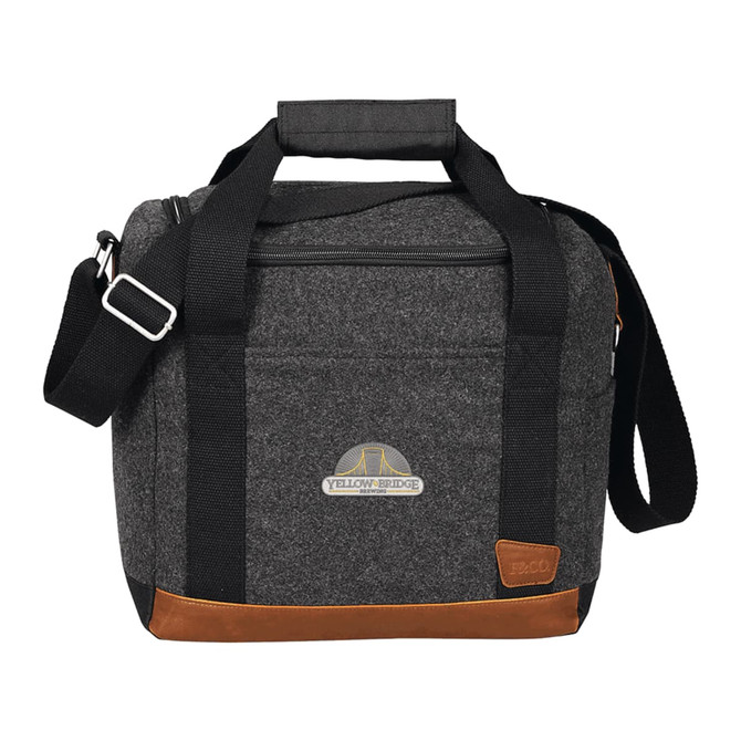 A cooler bag in grey with brown accents, featuring two handles and a shoulder strap, for transporting drinks.