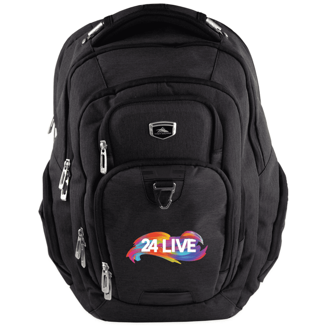 A black High Sierra Elite Eco RPET 17" computer backpack with multiple zipped pockets and a logo.