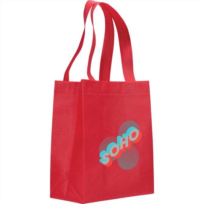 A red non-woven tote bag with two sturdy handles and a logo on the side.