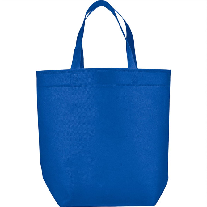 A blue non-woven shopper tote with two handles and a spacious design. It features a logo on the front.