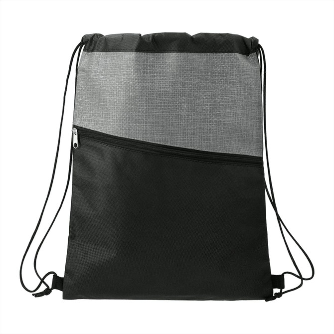 A zippered drawstring bag in black with a grey cross weave design and a front pocket. Features a logo.