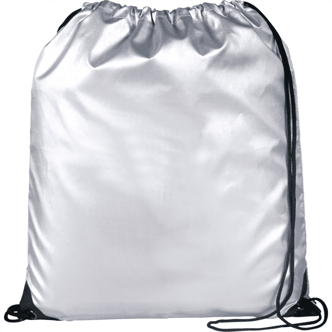 A reflective silver drawstring bag with black accents and a cinched top, featuring a logo.